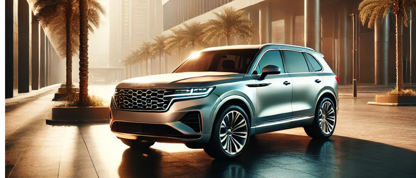 A luxurious SUV parked near a modern building in Abu Dhabi, symbolizing the flexibility and convenience of the lease-to-own car ownership option offered by Al Hurr Car Rental.