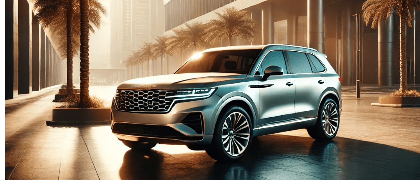 A luxurious SUV parked near a modern building in Abu Dhabi, symbolizing the flexibility and convenience of the lease-to-own car ownership option offered by Al Hurr Car Rental.