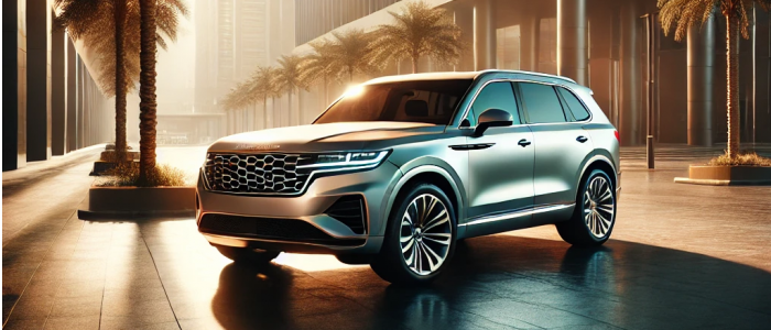 A luxurious SUV parked near a modern building in Abu Dhabi, symbolizing the flexibility and convenience of the lease-to-own car ownership option offered by Al Hurr Car Rental.
