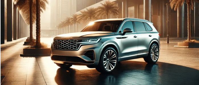 A luxurious SUV parked near a modern building in Abu Dhabi, symbolizing the flexibility and convenience of the lease-to-own car ownership option offered by Al Hurr Car Rental.